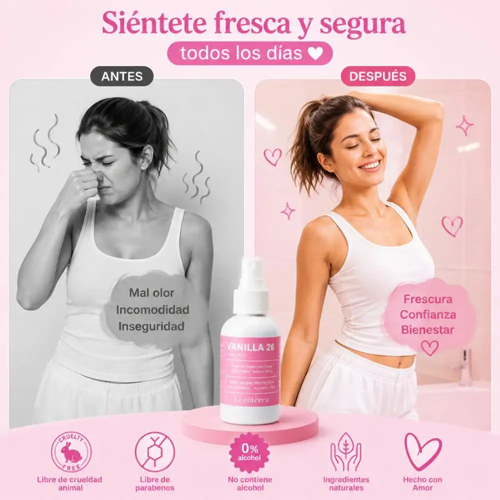 Vanilla 26 Spray Intimo - elimina el mal olor y la humedad íntima con ingredientes 100% naturales, frescura que dura todo el día